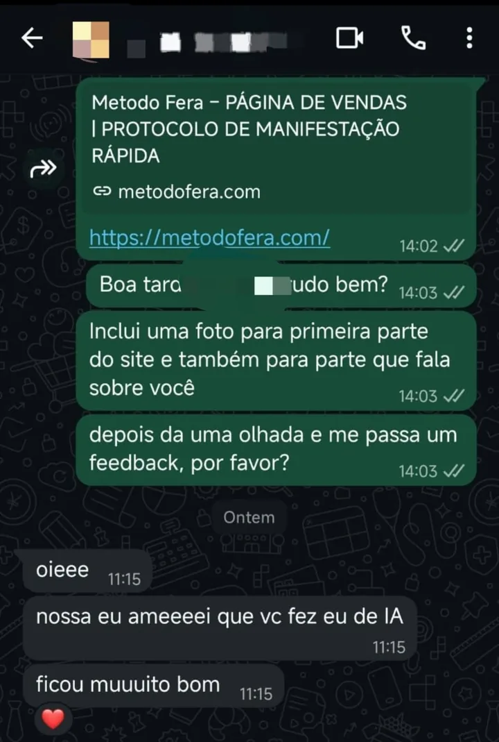 Conversa no WhatsApp em que a cliente diz que amou a página de vendas entregue