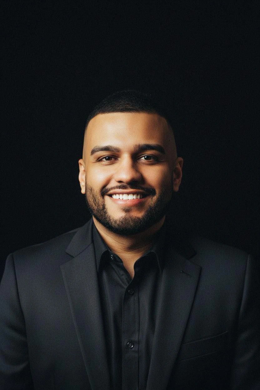 Felipe Gonçalves, desenvolvedor web, de terno preto sorrindo