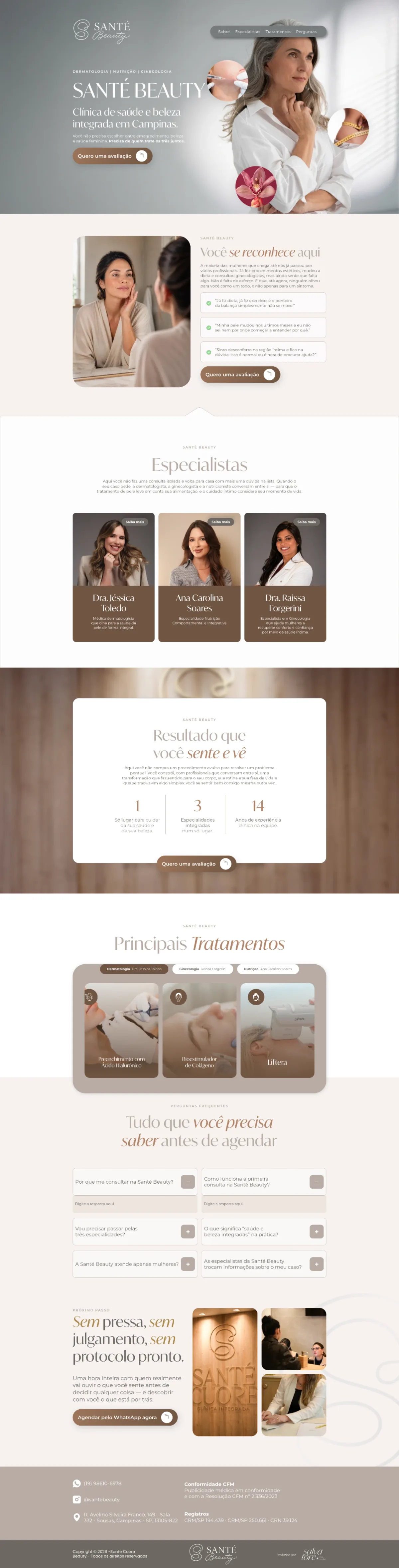 Site institucional da clínica Santé Beauty, apresentando os especialistas e os tratamentos oferecidos