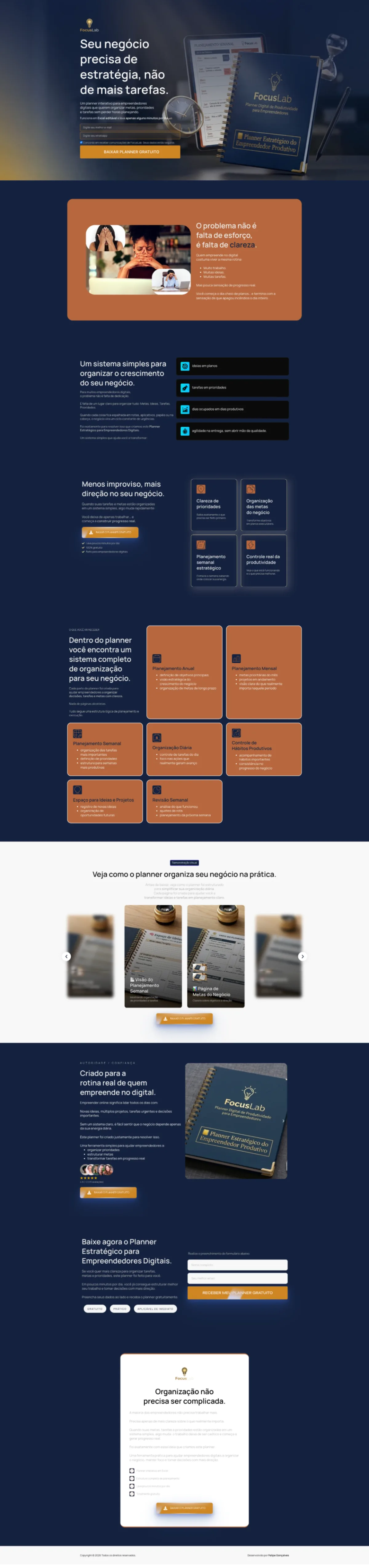 Landing page de captura de um e-book sobre organização e gestão de tarefas com planner estratégico