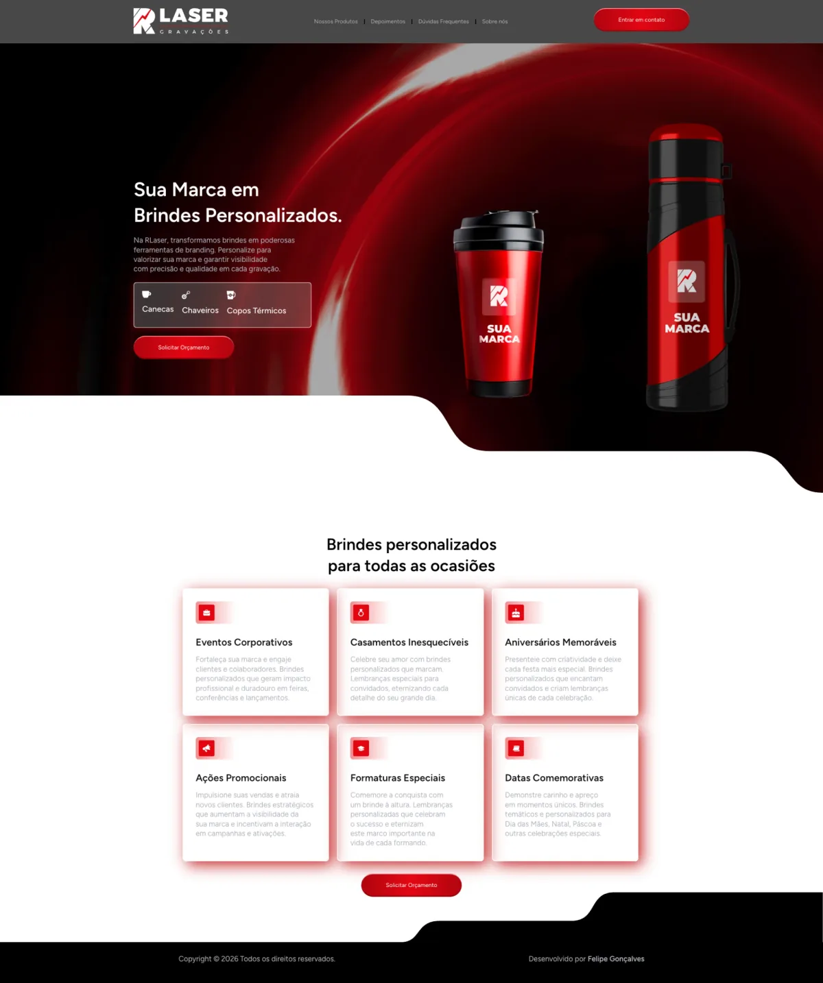 Landing page da RLaser Gravações, apresentando os produtos personalizados que a empresa produz