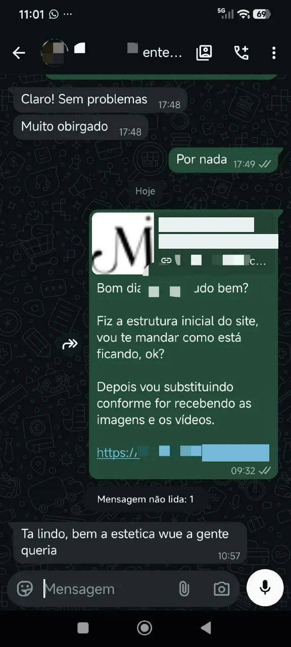 Conversa no WhatsApp em que a cliente vê a estrutura inicial do site e responde que ficou lindo, bem na estética que queriam