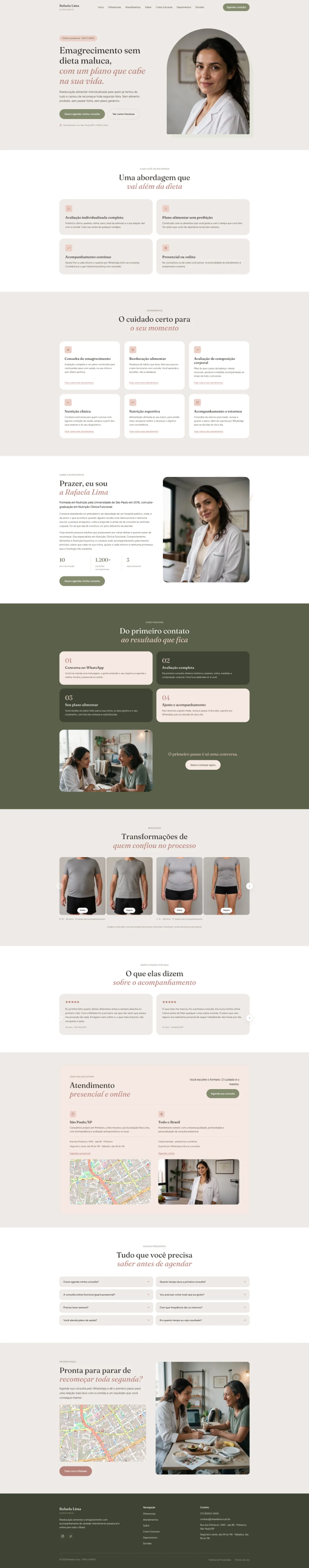 Landing page da nutricionista Rafaela Lima, apresentando a profissional, suas áreas de atuação, resultados de pacientes e as formas de atendimento