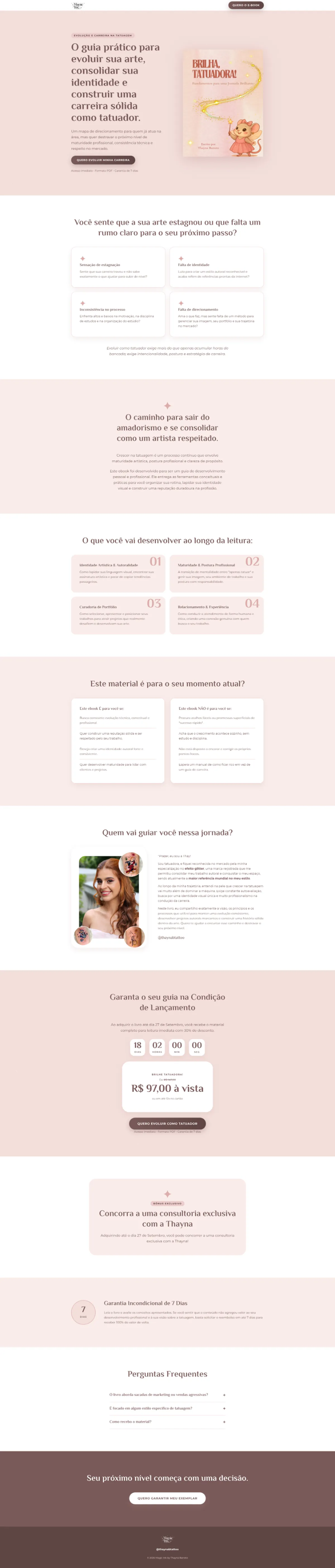 Landing page de vendas do e-book "Brilha, Tatuadora!", de Thayna Barreto, com o que a leitora vai desenvolver, a autora, o preço e a garantia