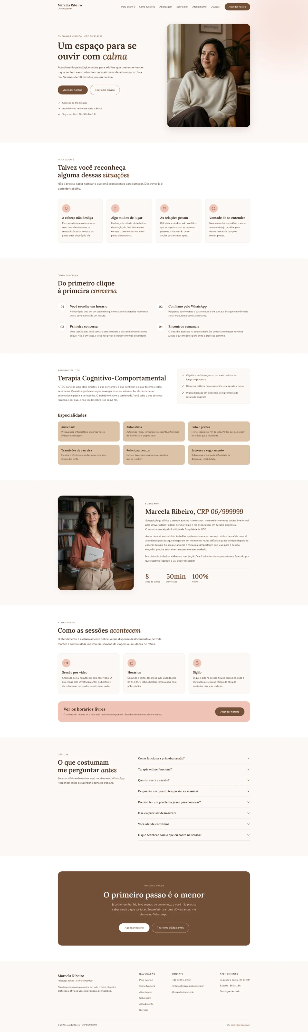 Landing page de psicologia com agendamento de consulta pelo próprio site, apresentando a profissional, suas áreas de atendimento e as formas de contato