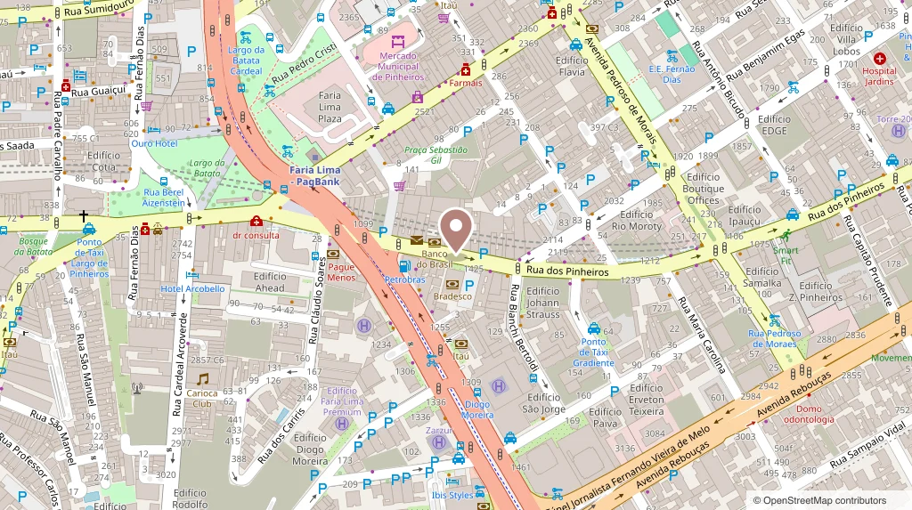 Mapa mostrando o consultório na Rua dos Pinheiros, 1450, em Pinheiros, São Paulo