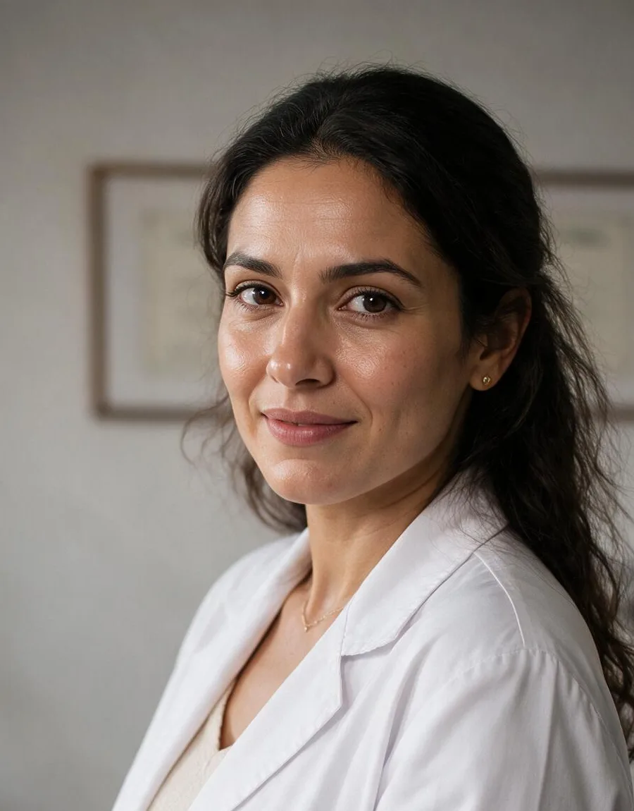 Rafaela Lima, nutricionista, de jaleco branco no consultório