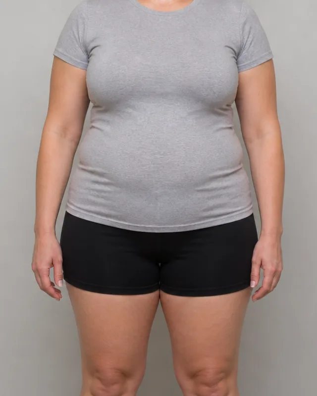 Torso de uma mulher adulta antes do acompanhamento nutricional, sem o rosto