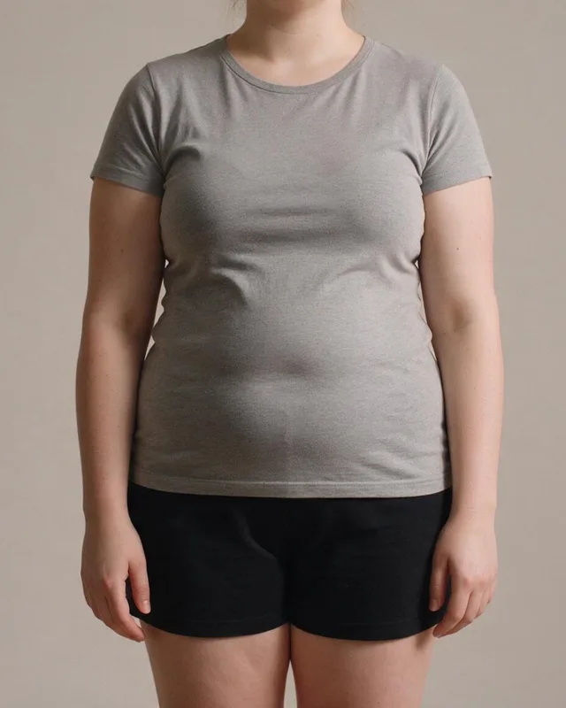 Torso de uma mulher jovem antes do acompanhamento nutricional, sem o rosto
