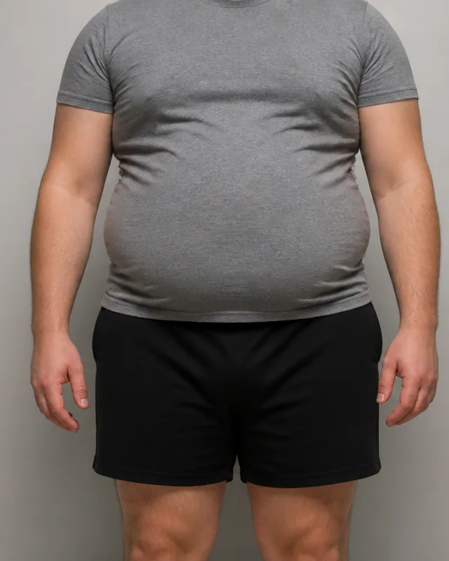 Torso de um homem jovem antes do acompanhamento nutricional, sem o rosto