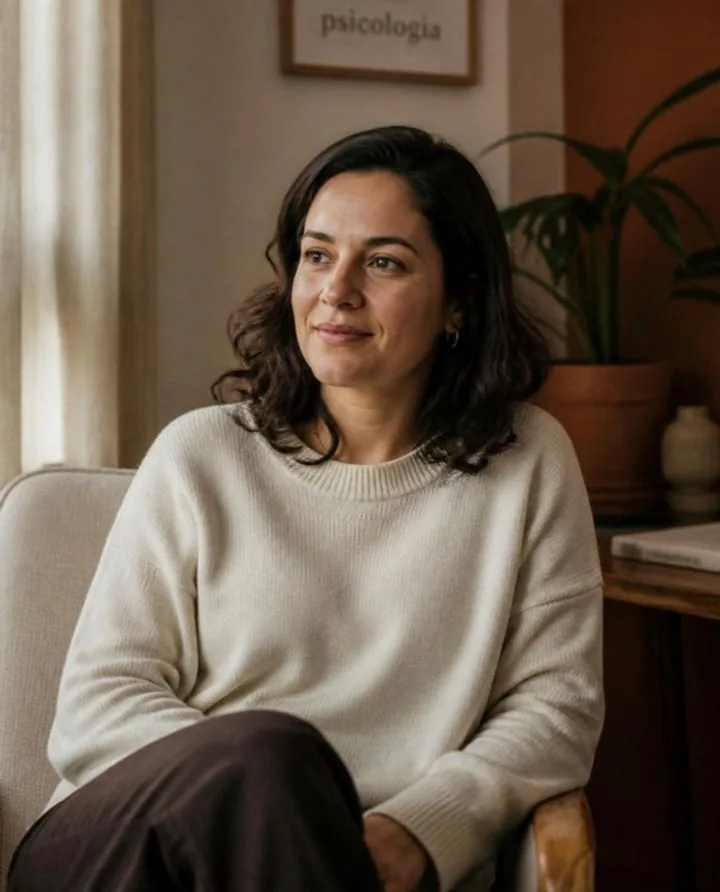 Marcela Ribeiro, psicóloga clínica, sentada em uma poltrona clara em seu consultório