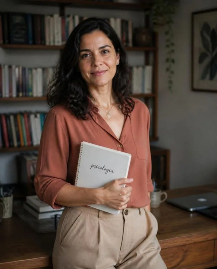 Marcela Ribeiro, psicóloga clínica, apoiada em uma mesa de madeira segurando um caderno